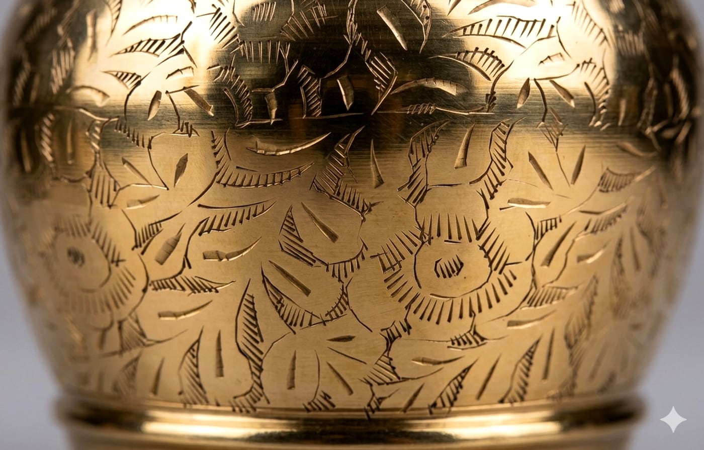 Close-up of the hand-engraved floral brasswork on a PittalCo vase